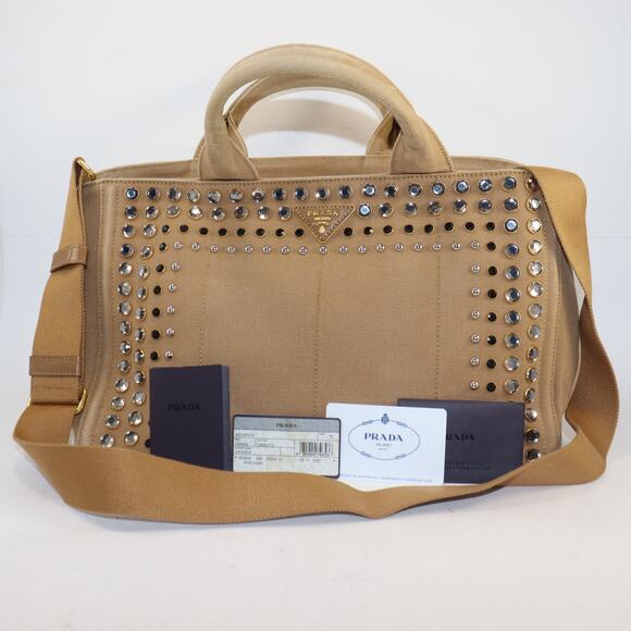 Prada Bijou Rhinestone Canapa Tote Tobacco Studded Canvas w/ Strap + Dust Bag - Picture 2 of 13